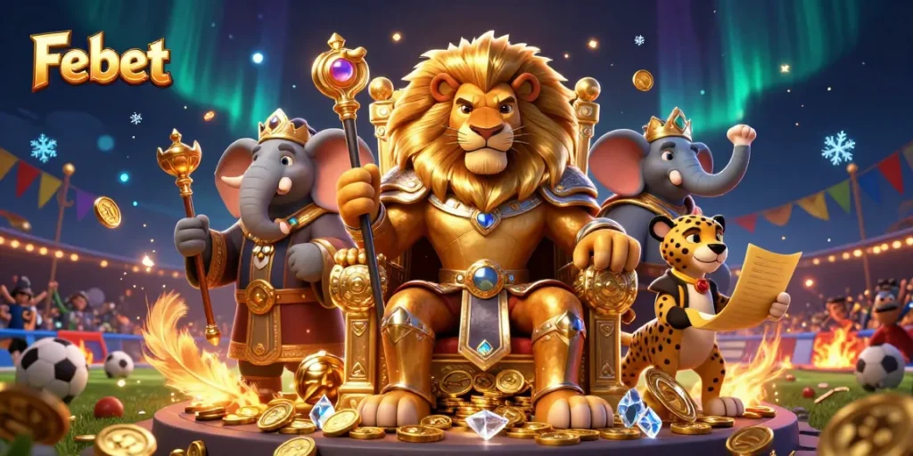 Experience thrilling sports betting action with Febet's dynamic and colorful casino scene filled with excitement.