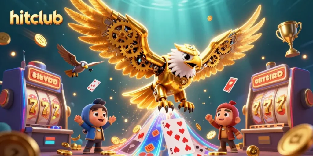 Hitclub presents a vibrant 3D scene with a golden eagle diving among holographic cards and slot machines.