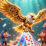 Hitclub presents a vibrant 3D scene with a golden eagle diving among holographic cards and slot machines.