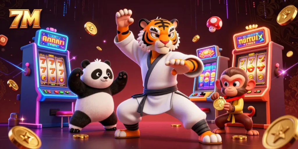 Experience the excitement of 7M's casino adventure with slot machines, dynamic characters, and vibrant game elements.