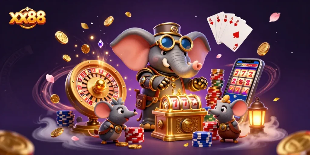 Engage with xx88's innovative gaming realm featuring a steampunk elephant and classic casino elements.