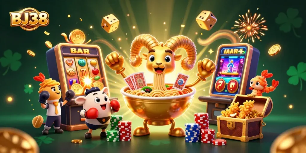 Engage with the vibrant gambling world of BJ38, featuring a dynamic 3D casino illustration bursting with energy.