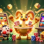 Engage with the vibrant gambling world of BJ38, featuring a dynamic 3D casino illustration bursting with energy.