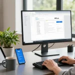 WPS Download in a sleek home office with a professional using WPS Office software on a large monitor.