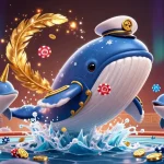 Experience thrilling gameplay with 777x as a massive cartoon whale breaches through winning coins and poker chips.