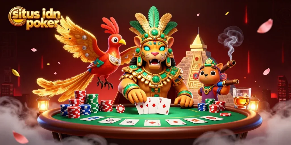 Situs idn poker menampilkan aksi seru dari permainan poker di meja dengan karakter ikonik, dikelilingi tumpukan chip berwarna dan suasana menarik.