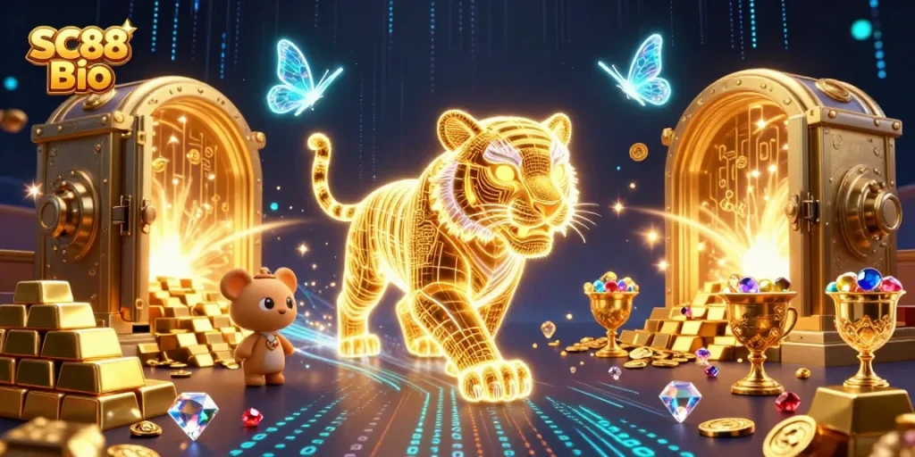 Experience the thrill of SC88 Bio with a vibrant casino scene featuring a golden tiger and treasures.