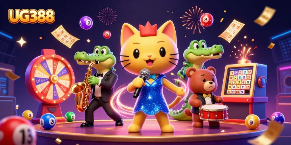 Experience the excitement of UG388 with an engaging 3D casino scene filled with animated characters and vibrant game elements.