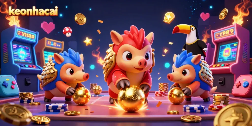 Engage in colorful keonhacai games with vibrant pangolins rolling poker chips and golden balls.