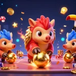 Engage in colorful keonhacai games with vibrant pangolins rolling poker chips and golden balls.