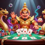 Engage with thrilling poker action at 8kbet, featuring vibrant guardians and colorful chips.