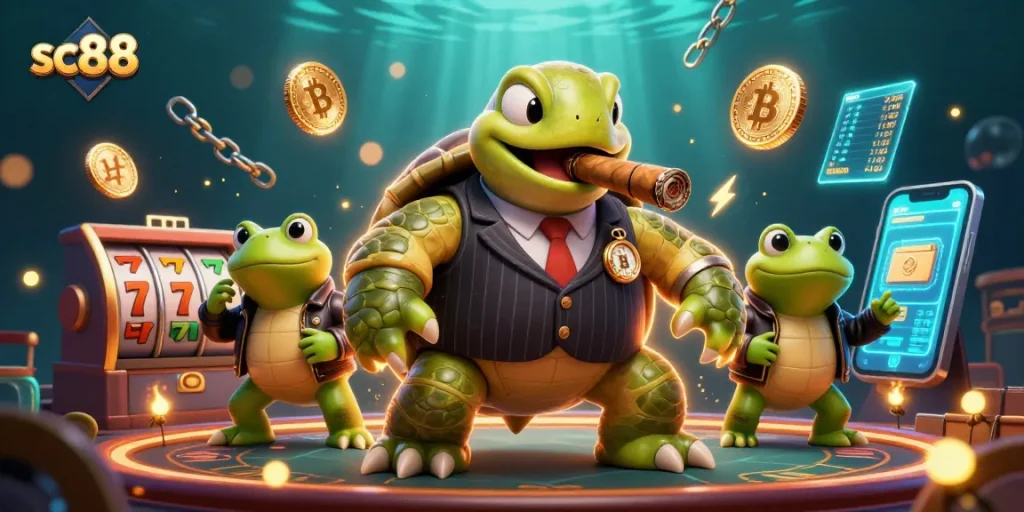Join the fun at sc88 with a glamorous casino scene including a stylish snapping turtle and bullfrog enforcers.