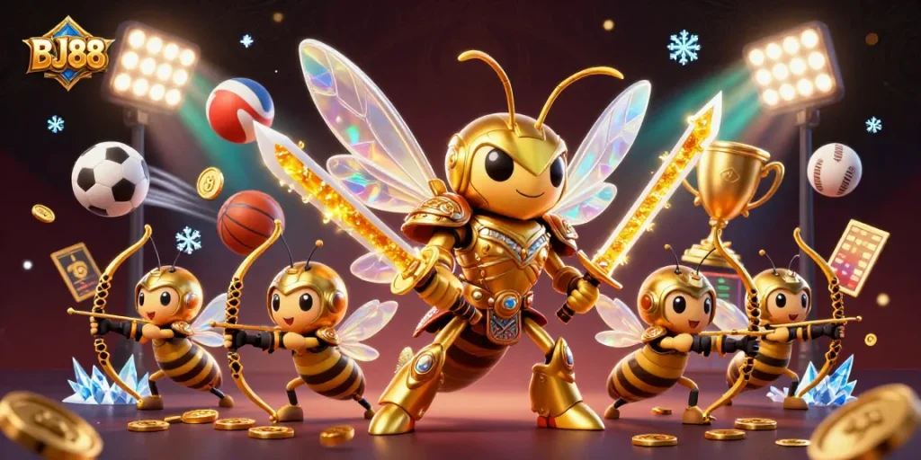 Engage with BJ888's vibrant sports betting scene illustrated by a golden samurai hornet.