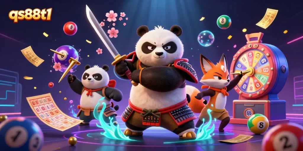 Experience thrilling action at qs88t1 with a captivating 3D illustration of samurai panda and ninja fox.