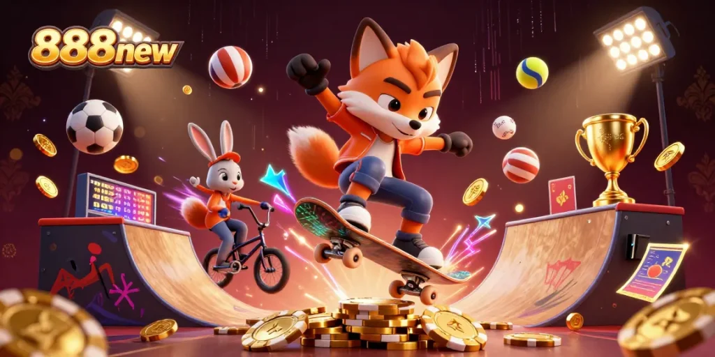 Create winning strategies with 888new in this vibrant 3D casino-themed illustration featuring characters and sports elements.