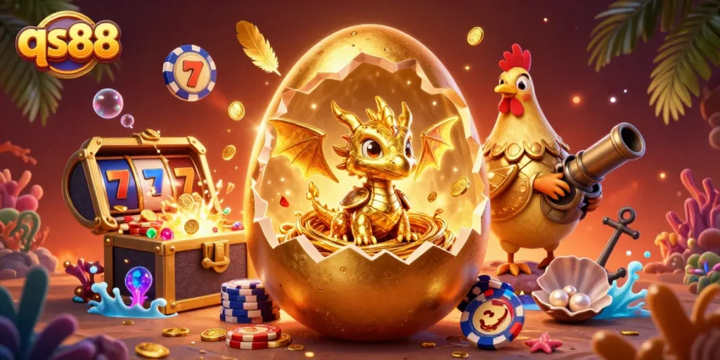 Win big at qs88 with an exciting illustration of golden treasures and casino elements in a vibrant scene.