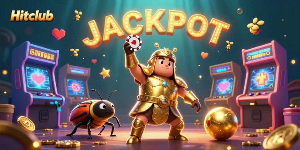 Spin to win at Hitclub with a vibrant, animated casino scene featuring jackpot symbols and gaming heroes.