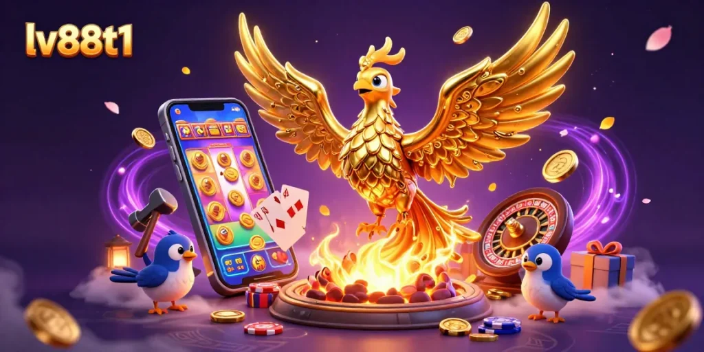 Players win at lv88t1 with a golden phoenix emerging amid vibrant casino elements.