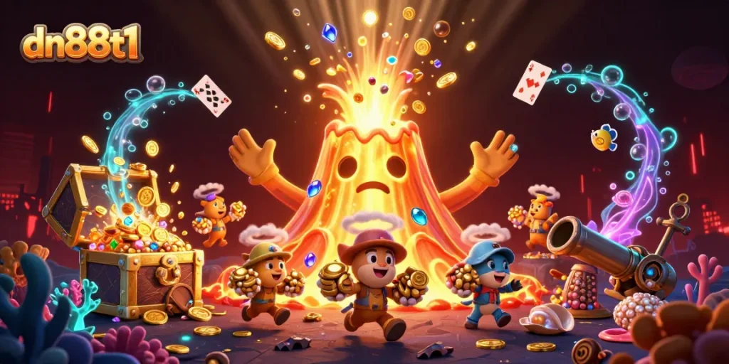 Experience thrilling wins at dn88t1 with this vibrant casino theme illustration showcasing triumph and treasure.