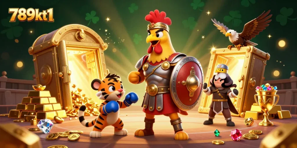 Experience thrilling gaming with 789kt1 at a vibrant online casino featuring dynamic characters and gold.