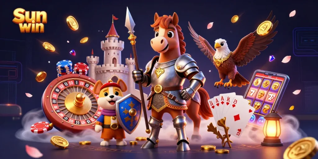 Experience big wins with Sun win in an action-packed casino scene featuring animated characters and vibrant gaming elements.