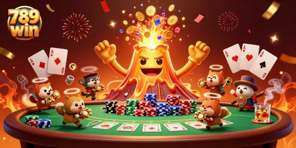 Experience the excitement of 789 win with a golden volcano erupting treasures amidst poker elements.
