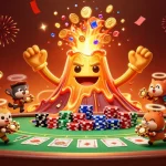 Experience the excitement of 789 win with a golden volcano erupting treasures amidst poker elements.
