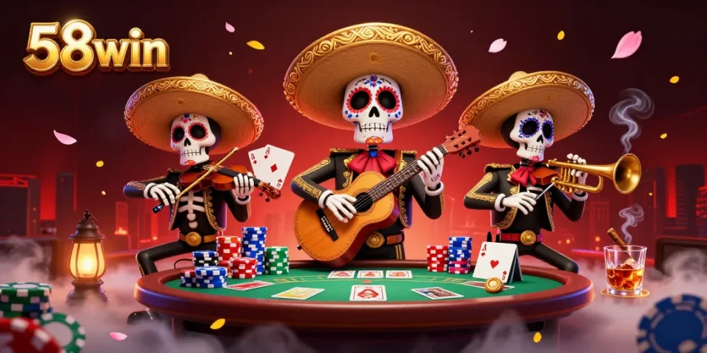 Experience the thrill of 58win with a vibrant 3D mariachi band and poker action.