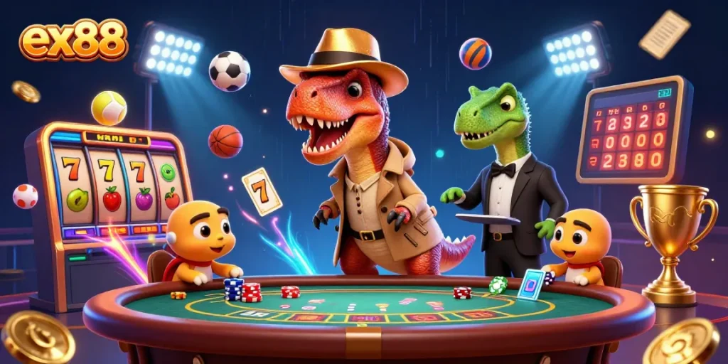 Witness the excitement of ex88 casino with a 3D velociraptor card counter and vivid game elements.