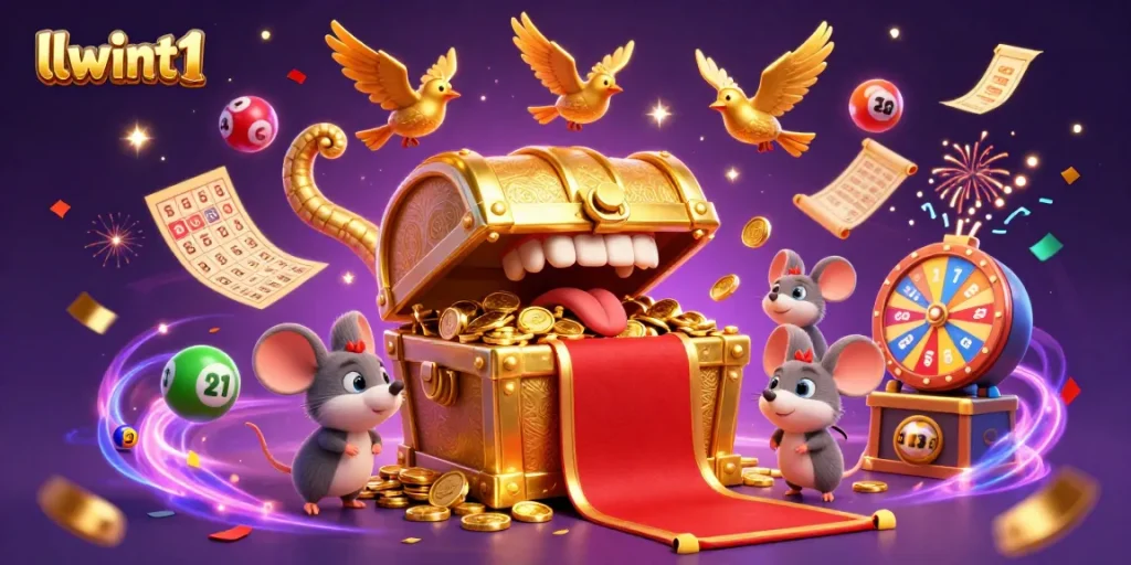 Experience the excitement of llwint1 with dynamic lottery elements and golden treasures in a vibrant casino scene.