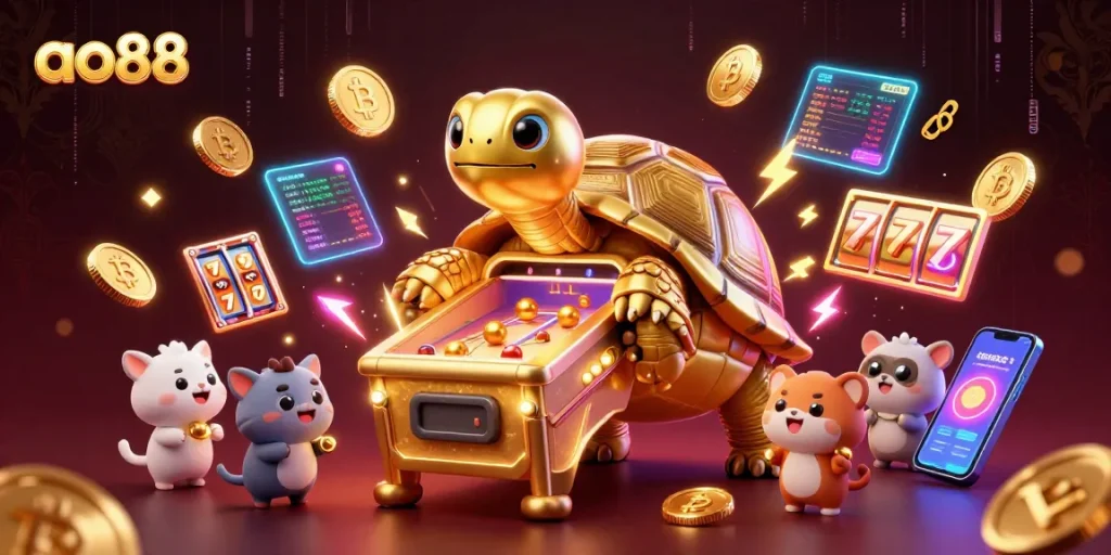 Play exciting games at ao88 with golden tortoise, crypto coins, and vibrant casino elements.