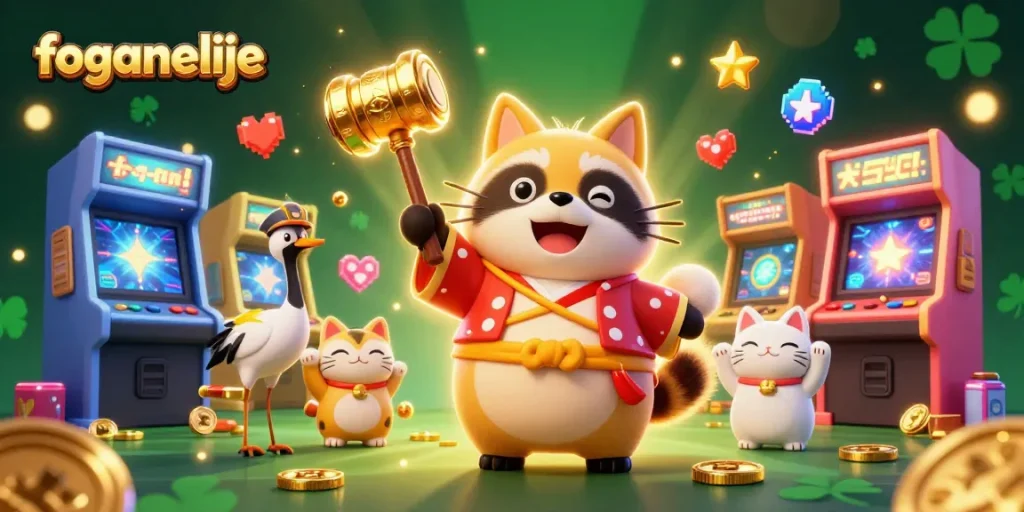 Engage with foganelije in vibrant 3D casino art, showcasing a cheerful tanuki and lucky symbols.