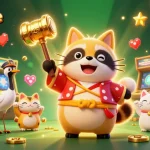 Engage with foganelije in vibrant 3D casino art, showcasing a cheerful tanuki and lucky symbols.