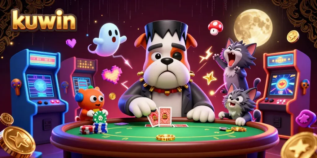 Engage in thrilling poker with kuwin as a playful bulldog deals cards at a haunted table.