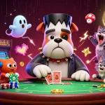 Engage in thrilling poker with kuwin as a playful bulldog deals cards at a haunted table.