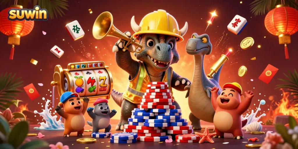 Join the excitement of suwin as the 3D triceratops builds a poker chip pyramid in a vibrant casino