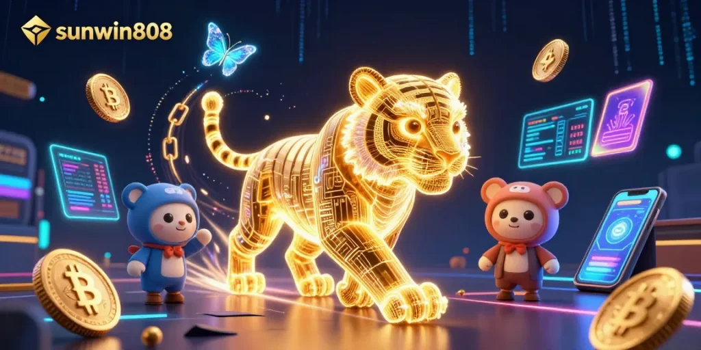 Experience the excitement of sunwin808 with its vibrant 3D golden tiger in a digital casino filled with crypto coins.