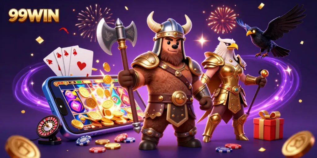 Spin the reels with 99WIN in an exciting 3D casino scene filled with action!