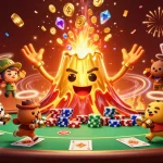 Engage with 23win's vibrant gaming atmosphere featuring a triumphant golden volcano amidst a shower of sparkling treasures.