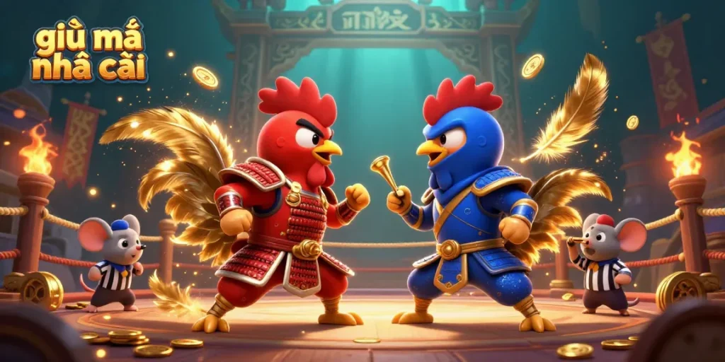 Experience the thrilling action of giải mã nhà cái as fighting roosters clash amidst golden feathers and casino tokens.