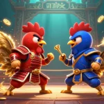 Experience the thrilling action of giải mã nhà cái as fighting roosters clash amidst golden feathers and casino tokens.