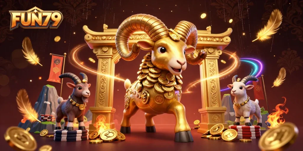 Engage in thrilling gaming action at FUN79 with golden ram charging under a decorative temple gate.