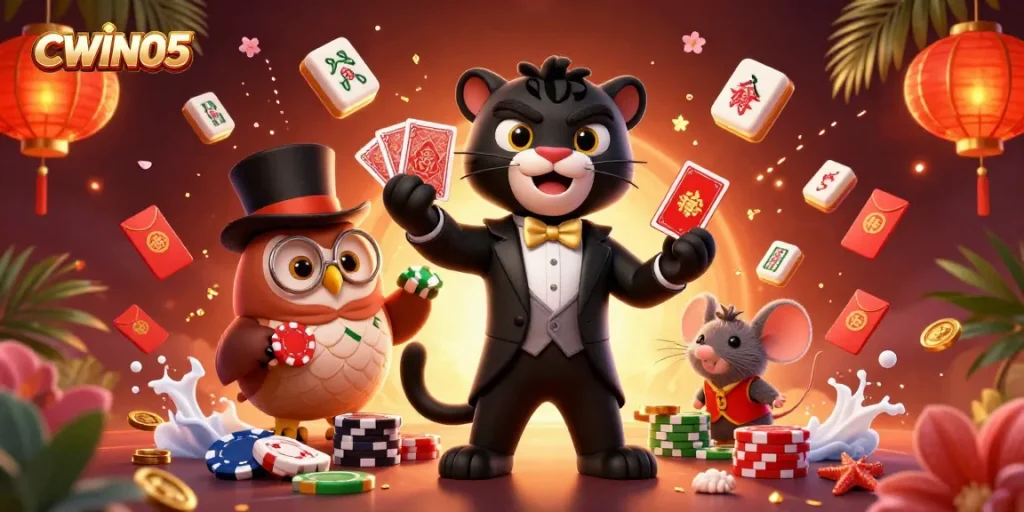 CWIN05 offers thrilling casino experiences with stylish characters enjoying poker and festive elements.