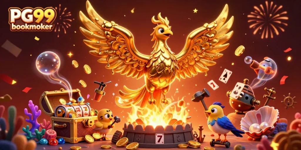 Engage with the thrilling PG99 bookmaker scene featuring a molten phoenix and dynamic slot elements.
