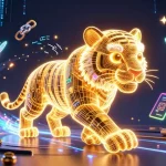 Experience the sun shining through a vibrant digital casino with a golden tiger and glowing cryptocurrencies.