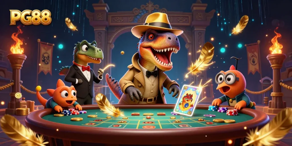 Experience action-packed gaming at PG88 with a velociraptor at the blackjack table.