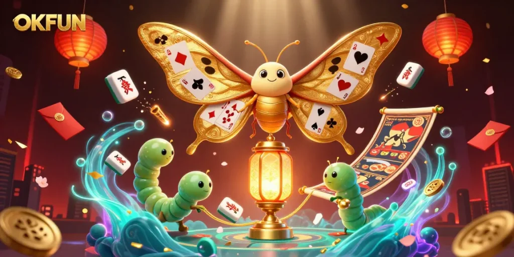 Engage with thrilling gameplay at OKFUN featuring vibrant casino elements and an enchanting moth.