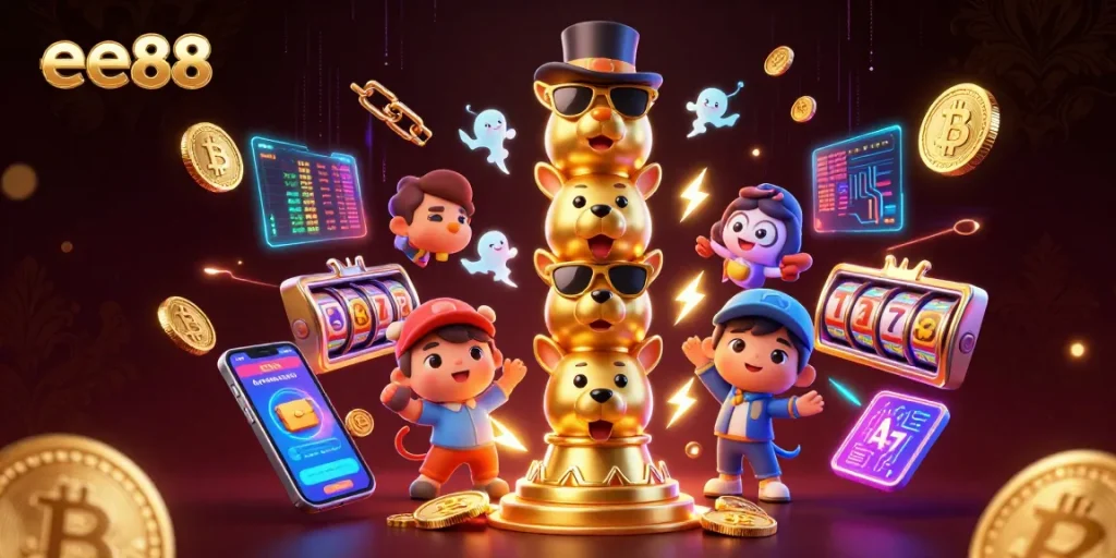Join ee88 in a vibrant casino scene full of animated symbols and crypto elements.