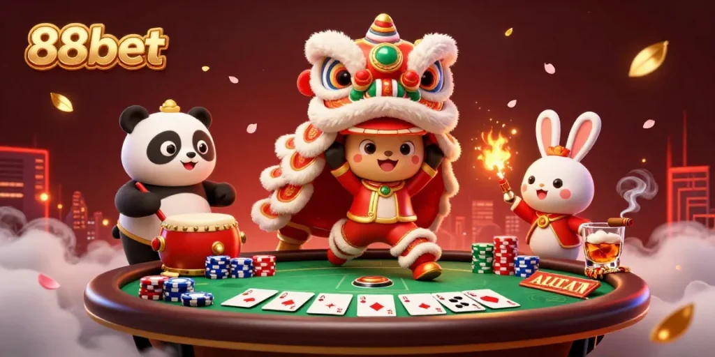 Experience dynamic poker action at 88bet with energetic lion dance, poker elements, and colorful decorations.