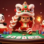 Experience dynamic poker action at 88bet with energetic lion dance, poker elements, and colorful decorations.